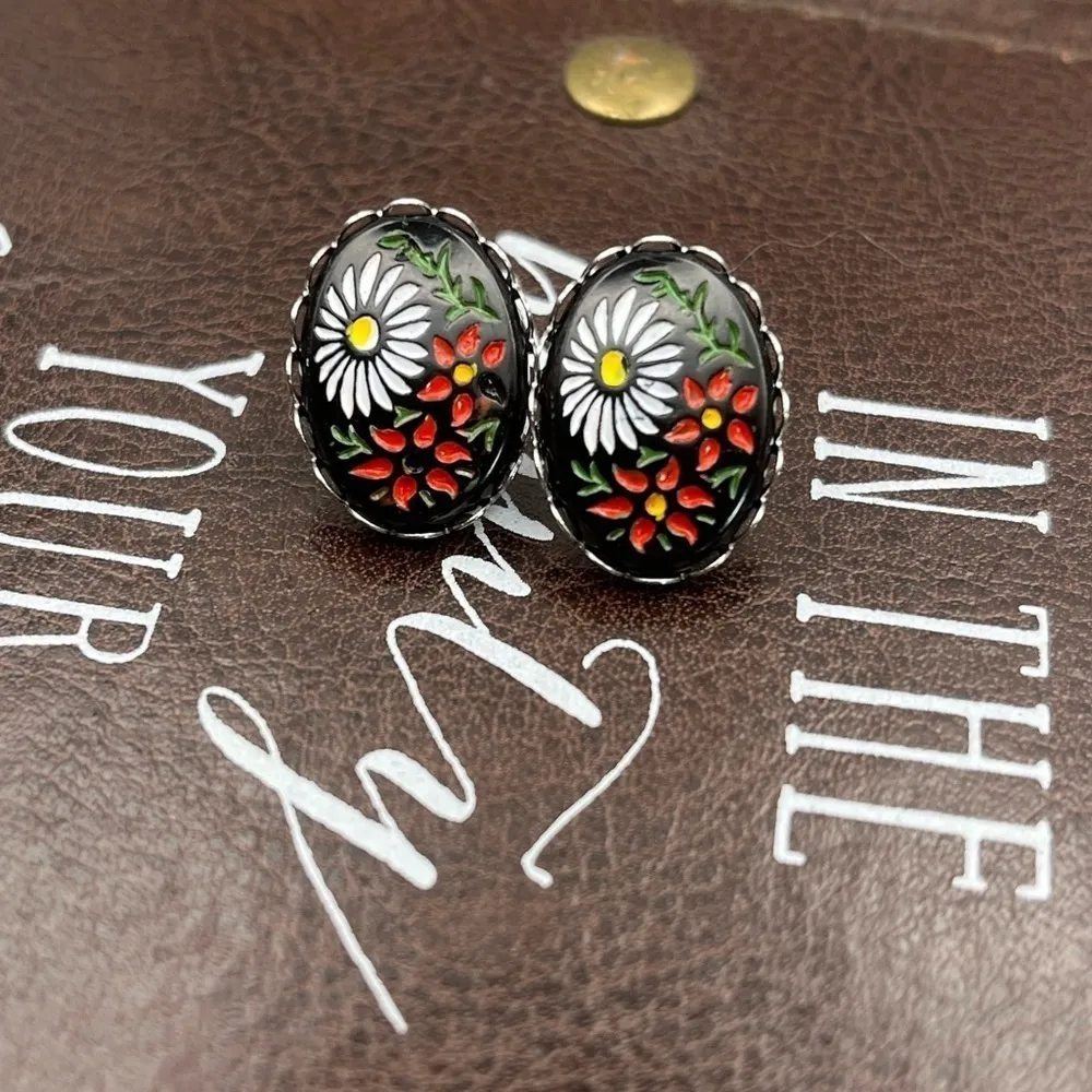 Handmade Earrings w/ Vintage Floral Cabochons Daisy Red Black Stainless Steel - Image 7