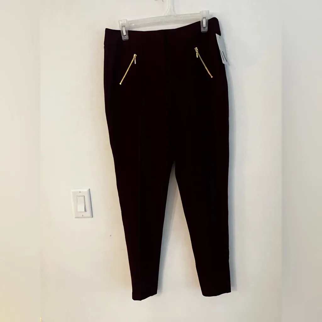 Worthington Ultra Stretch Ponte Skinny Pants Size 8 Burgundy Wine Gold Zipper - Image 3