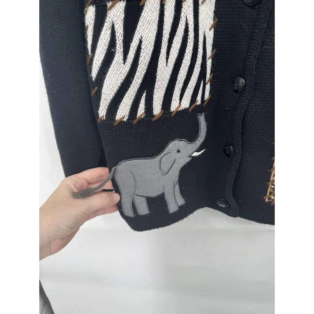 Crystal Kobe African Safari Patchwork Button Sweater Women XL Black Stitch Zebra - Image 5