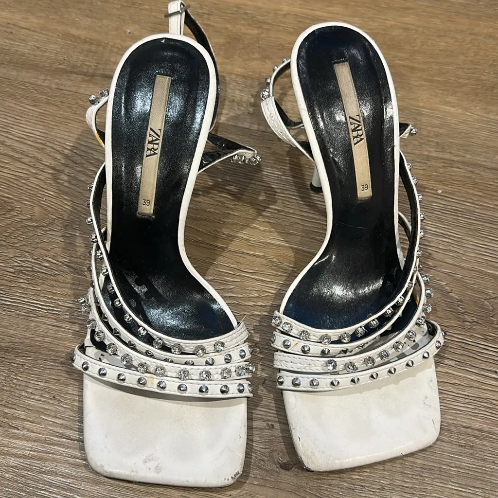 MOVING SALE Zara White Square Toe Strappy Studded Heels - Image 6