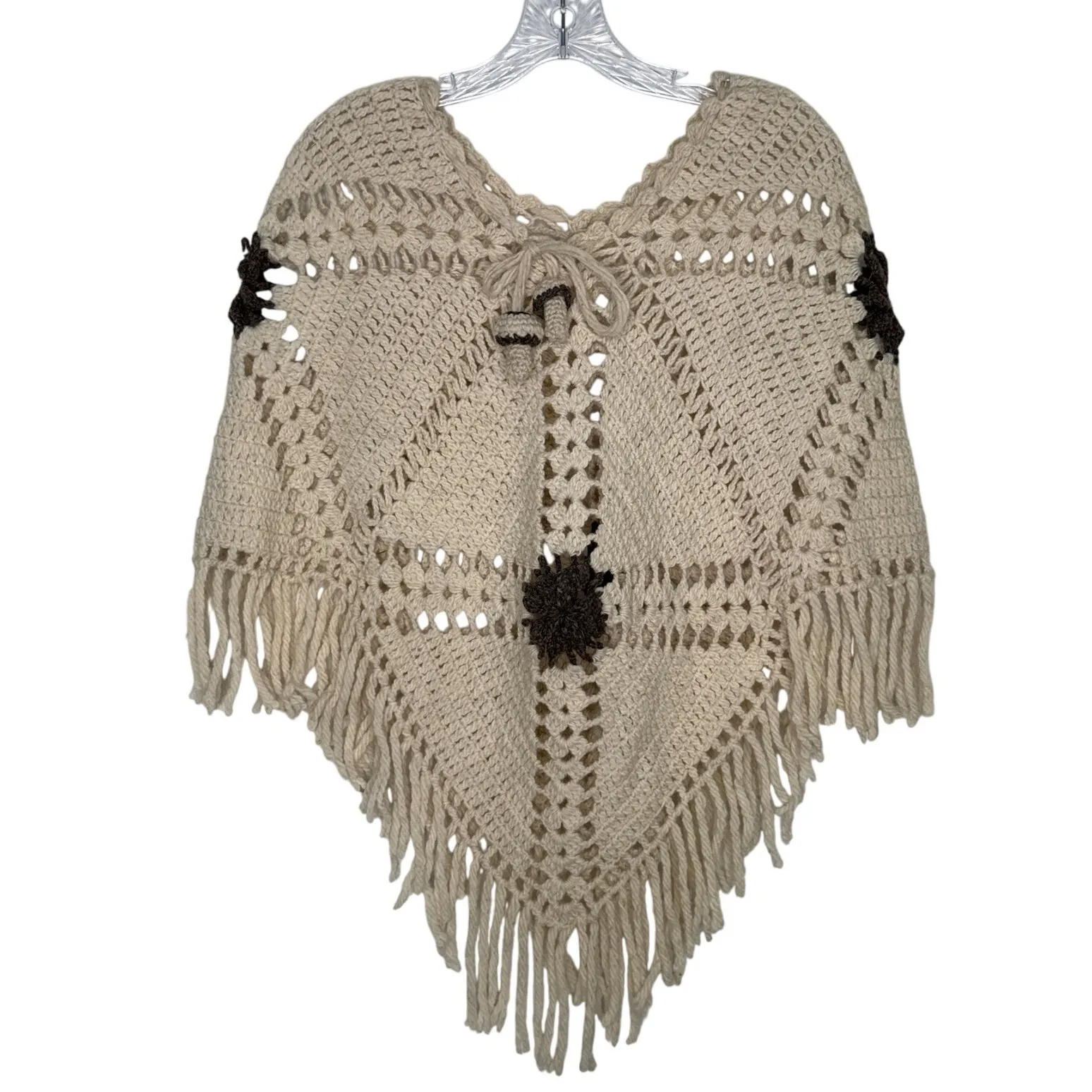 Vintage 1970s Handmade Crochet Poncho with Mushroom Tassel Ties & Fringe S - Image 2