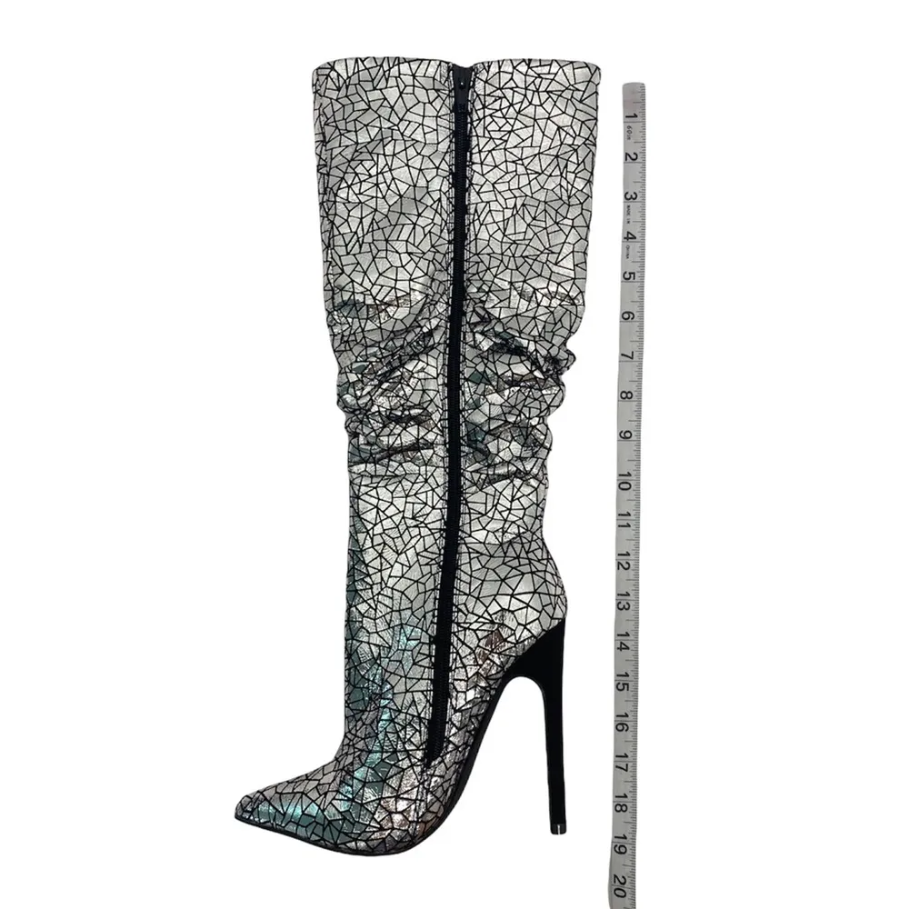 ShoeDazzle Beckey Slouchy Stiletto Boot Faux Leather Silver Foil Size 5.5 New - Image 9