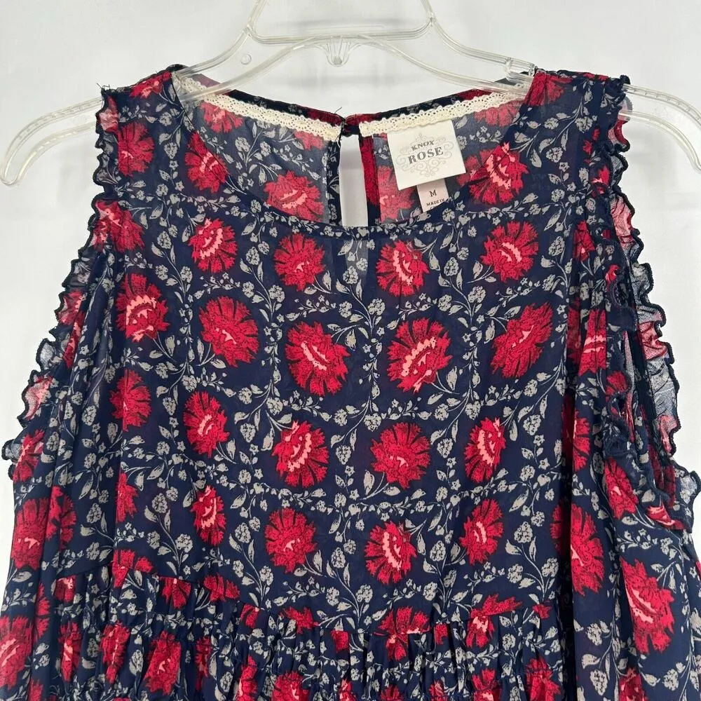 Knox Rose Boho Floral Sheer Top Blue Cold Shoulder Mixed Pattern Size M - Image 2