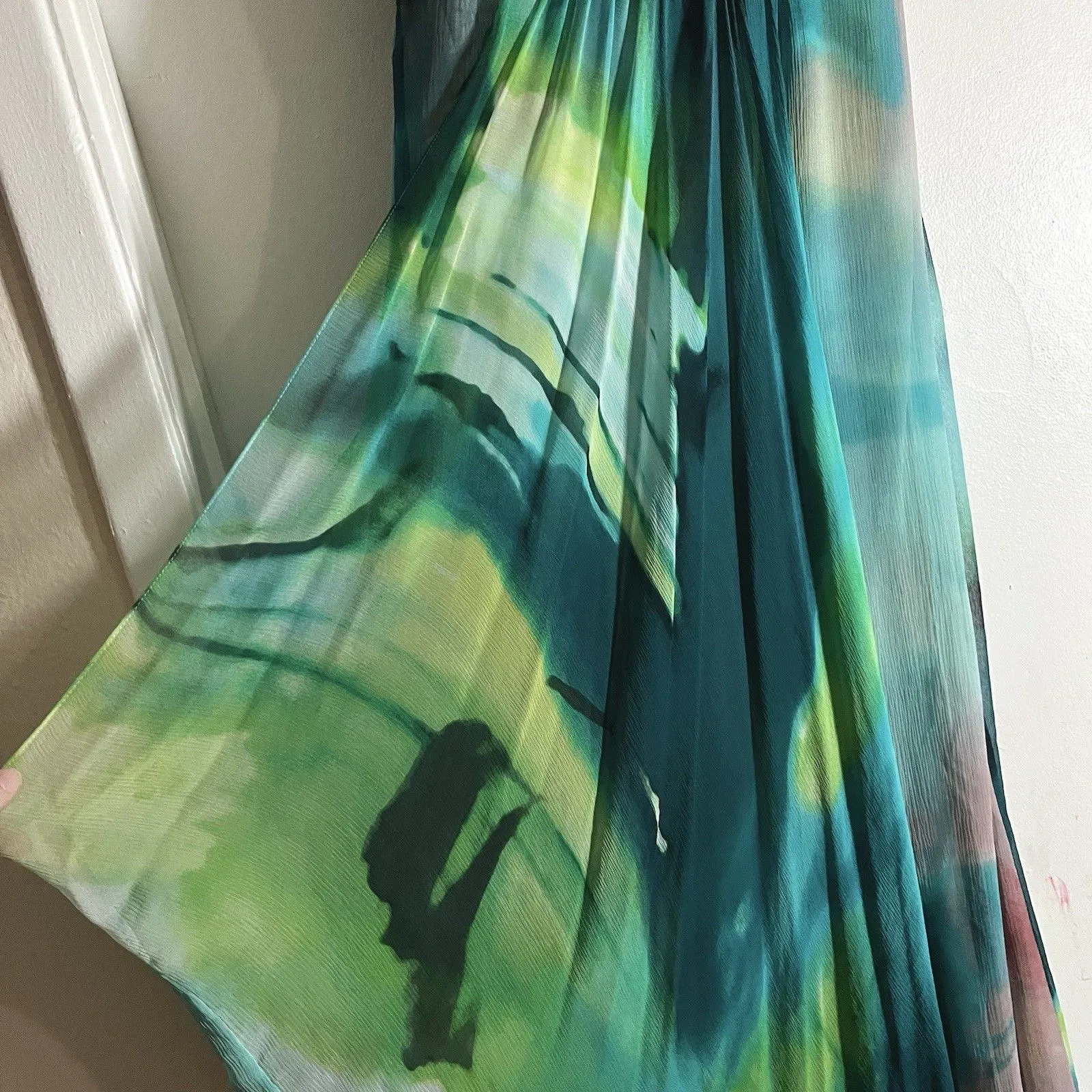 BCBGMAXAZRIA Sz 8 teal Silk Chiffon Strapless Watercolor Maxi Dress Gown - Image 6