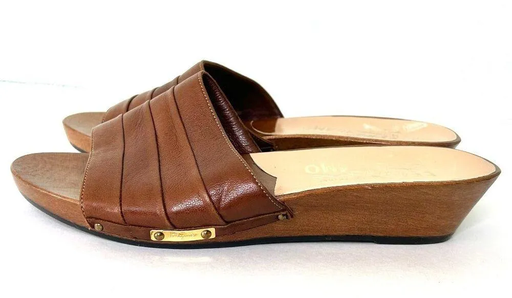 Salvatore Ferragamo Vintage Leather Wedge Slide Sandals in Tan Size 6.5 / 7 N - Image 4