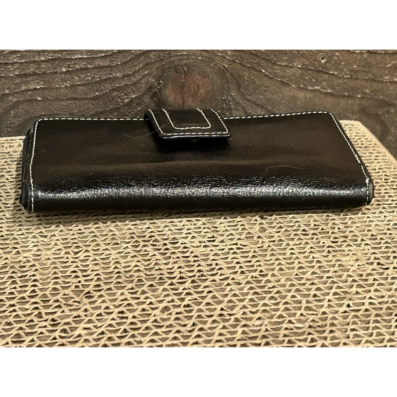 Fossil Trifold Wallet Womens Black Leather Checkbook Pen Holder Change Cards - Image 5