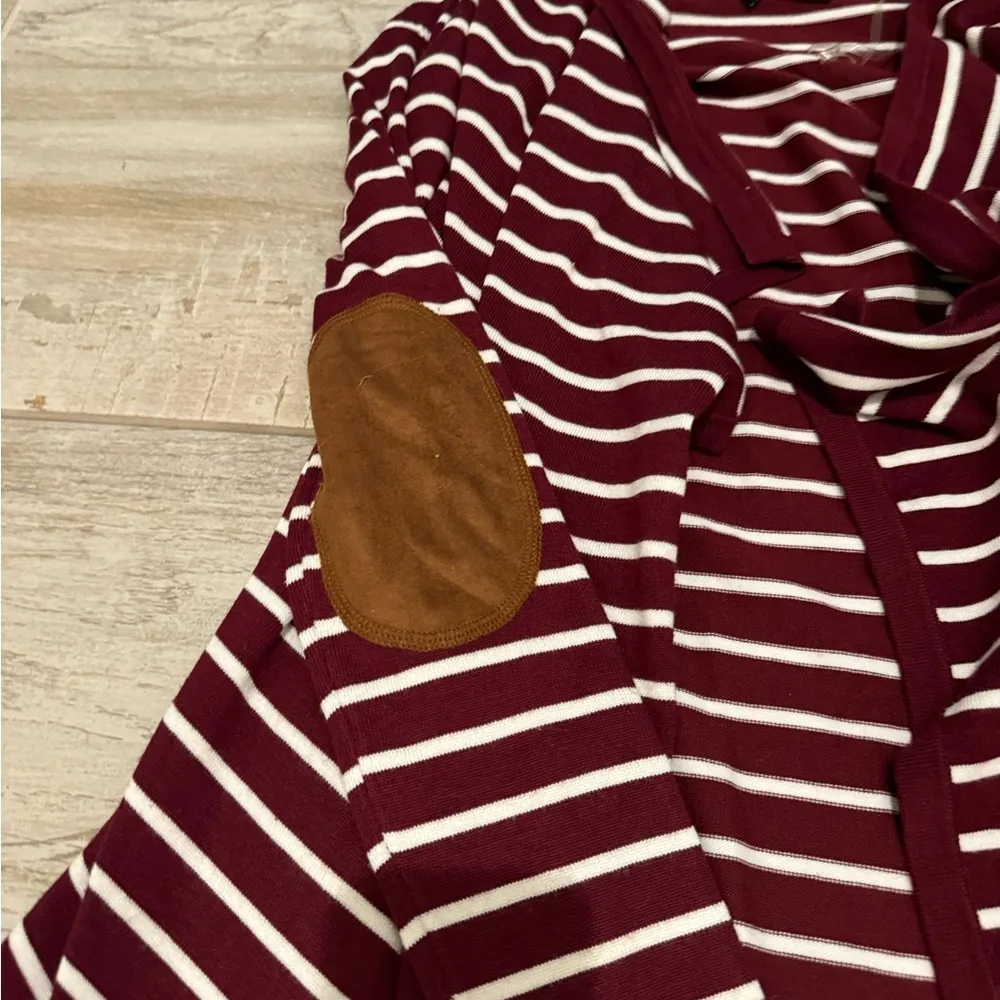 Burgundy and White Striped Open Front Waterfall Cardigan - Image 4