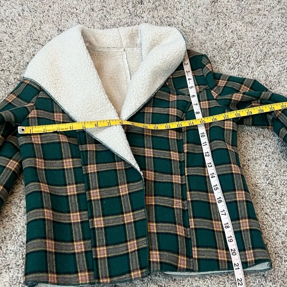NEW SHEIN Plaid Sherpa Lined Waterfall Collar Open Jacket Green Medium Stretch - Image 8