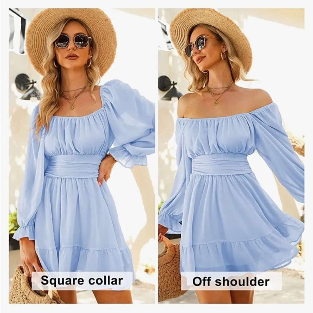 Exlura‎ Chiffon Open Tie Back Ruffle Hem Dress Blue Medium - Image 4