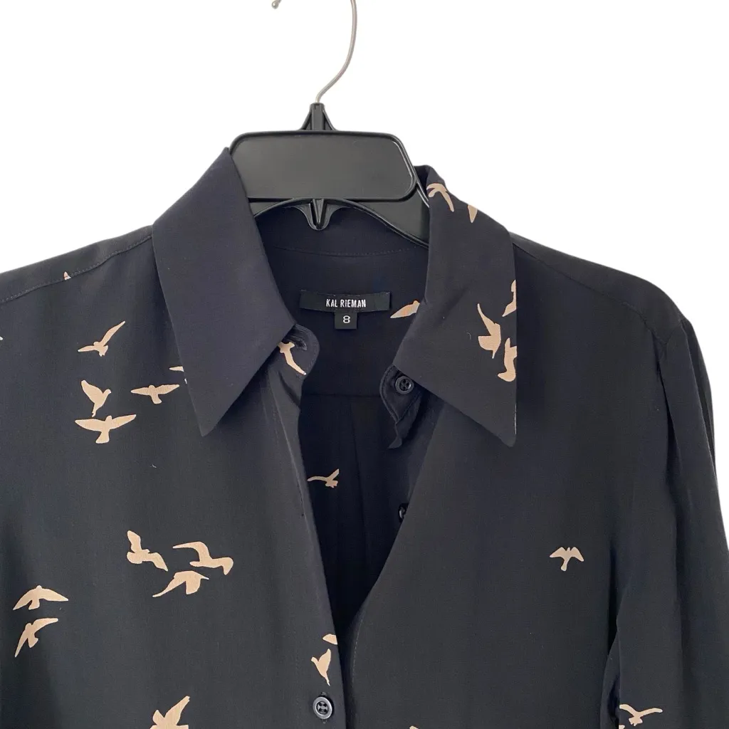 Kal Rieman Black Silk Bird Print Button Down Blouse size 8 - Image 2