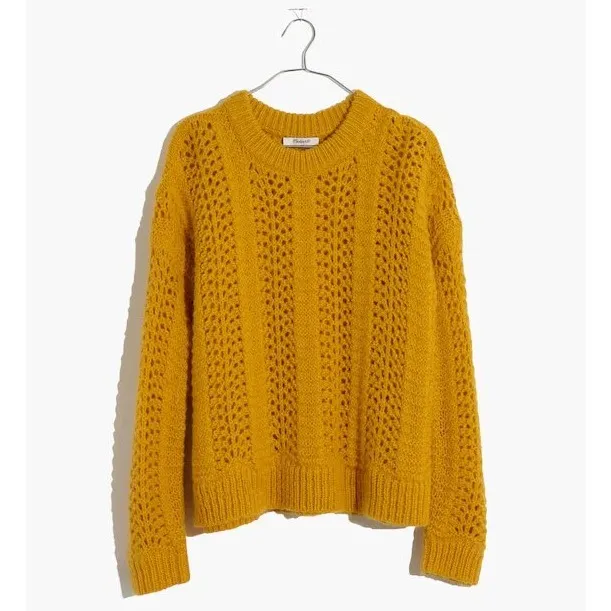 Madewell Windemere Pointelle Pullover‎ Open Knit Sweater Women's Medium Mustard - Image 4
