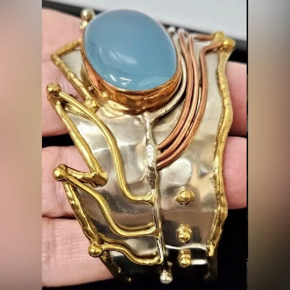 Vintage Brutalist Metalwork Cuff Bracelet Abstract Chalcedony Stone Mixed Media Multiple - Image 3