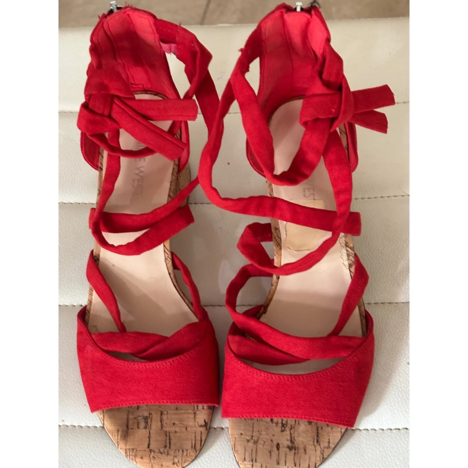 Nine West Red Suede Lace Up Cork Block Heel Sandals Women's Size 7.5 - Image 2