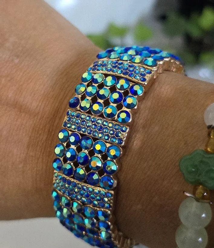 Glam Gold and Blue AB Crystal Stretch Bracelet - Image 6