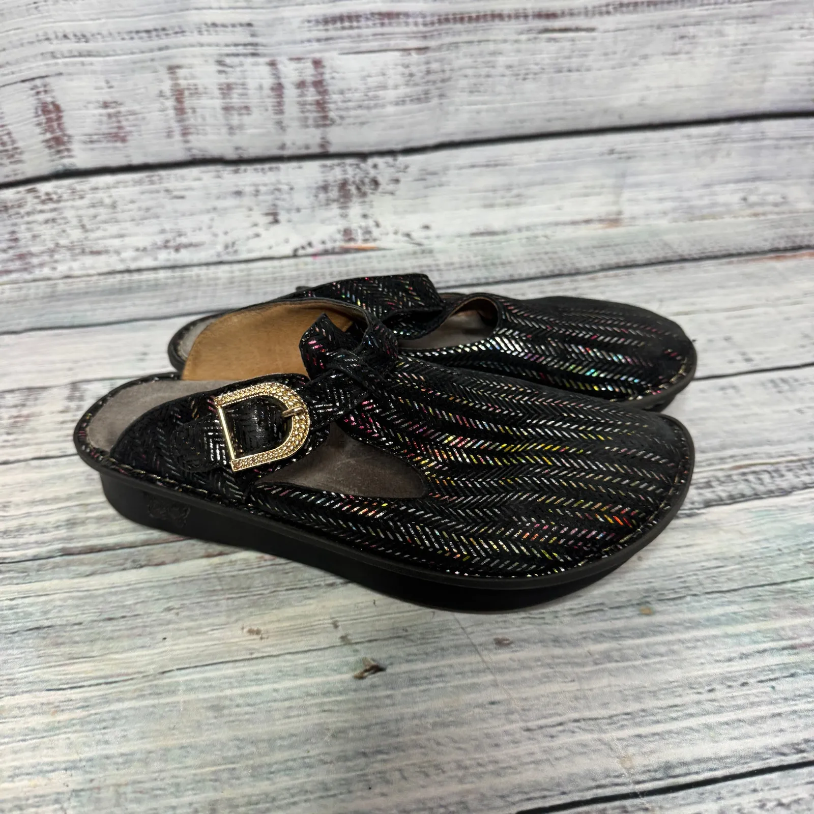 Alegria Leather Slip On Shoes Black Multi Pattern Comfort Clog Mary Jane 7 - Image 4