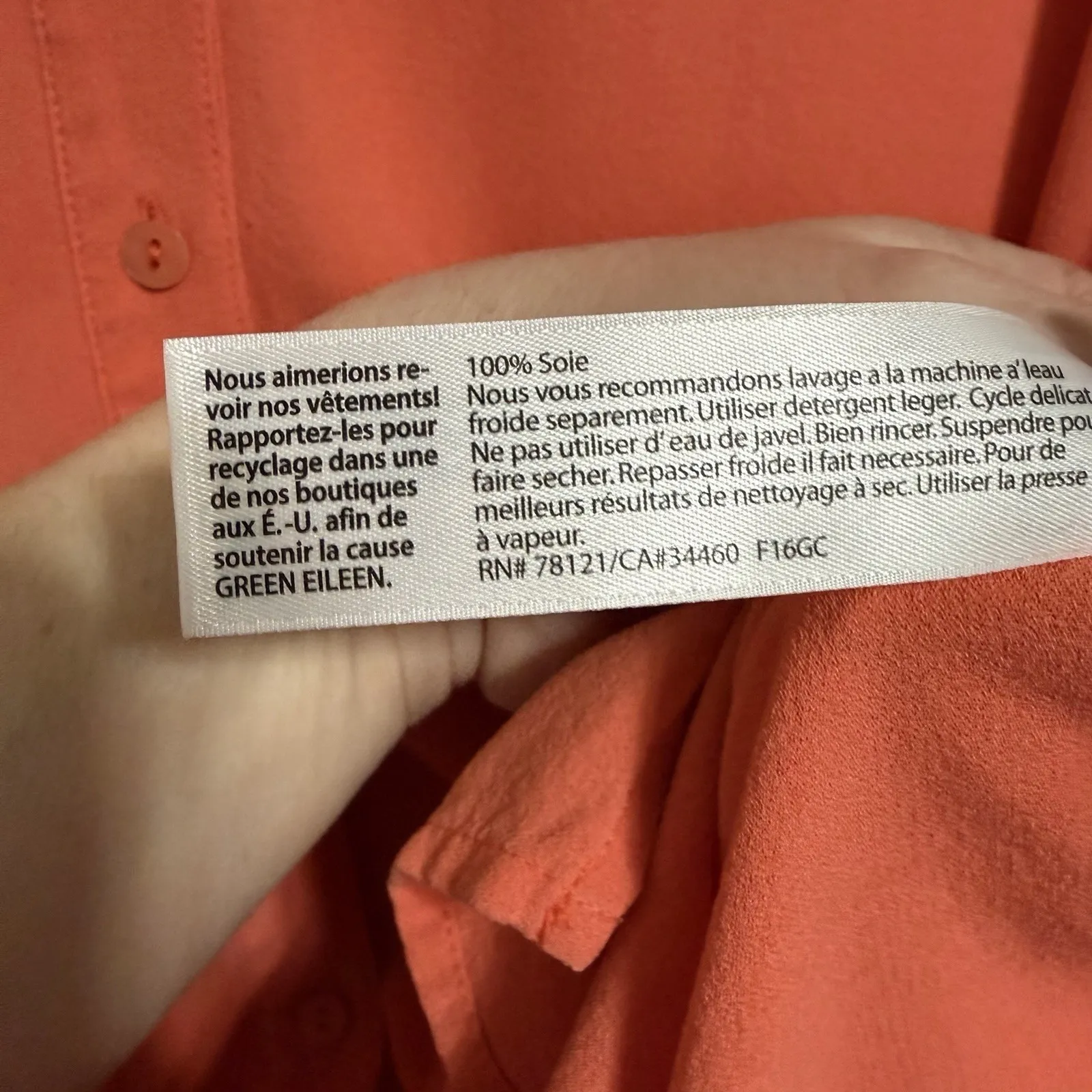 EILEEN FISHER Sleeveless Mandarin Collar Button Large Orange Silk Blend Women - Image 7