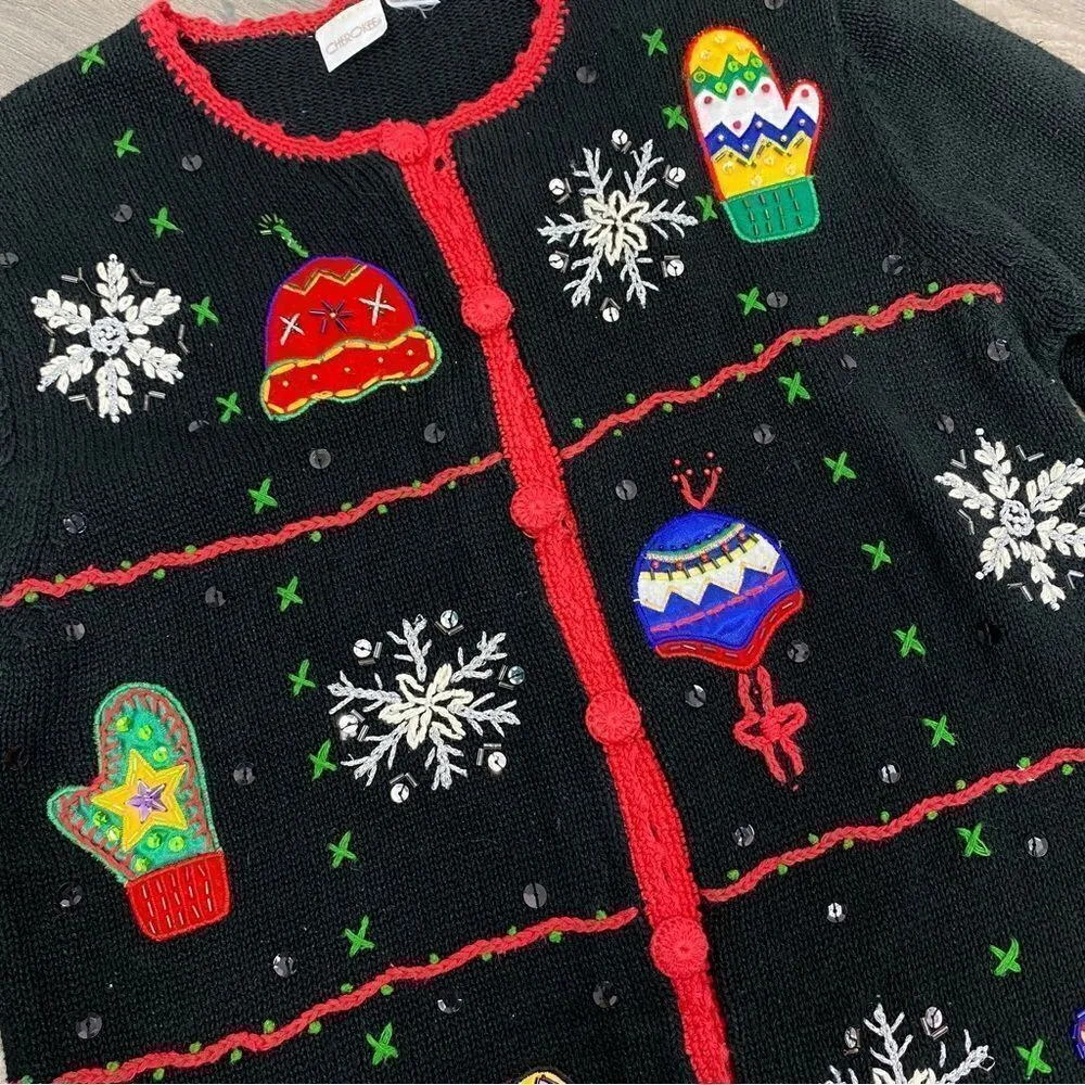 Vintage Cherokee Embroidered Beaded Holiday Cardigan Sweater Black Multi Small - Image 6