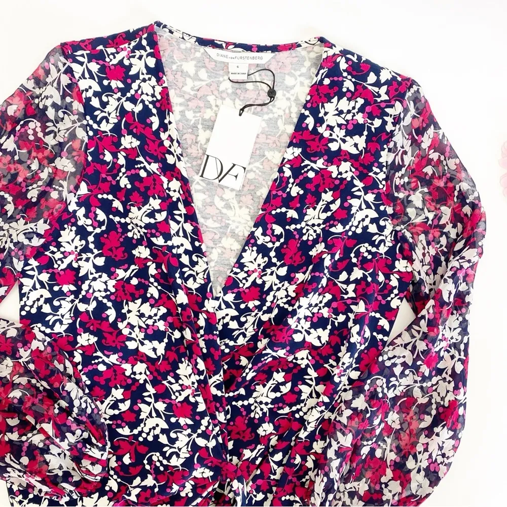DVF Diane Von Furstenberg Sigourney True Wrap Dress Silk Cotton Floral Blue Pink - Image 5