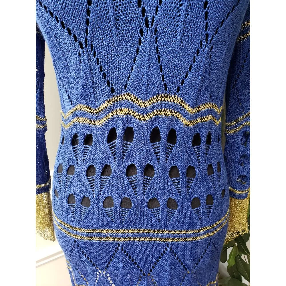 Step in Style Tunic Top Womens Large Blue Crochet Long Sleeve Fringe Hem V Neck - Image 9