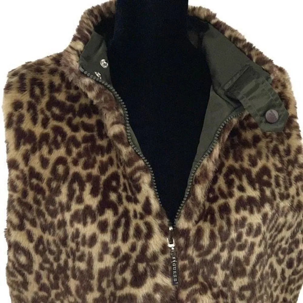 Guess Womens Faux‎ Fur Vest Animal Print Reversible Full Zip Tan Green Medium - Image 4