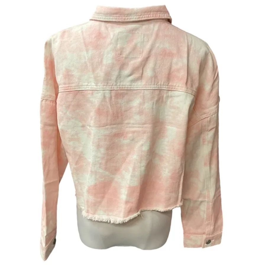 Elodie Tie Dye Print Raw Hem Cropped Button Front Trendy Jacket Pink Size Large - Image 6