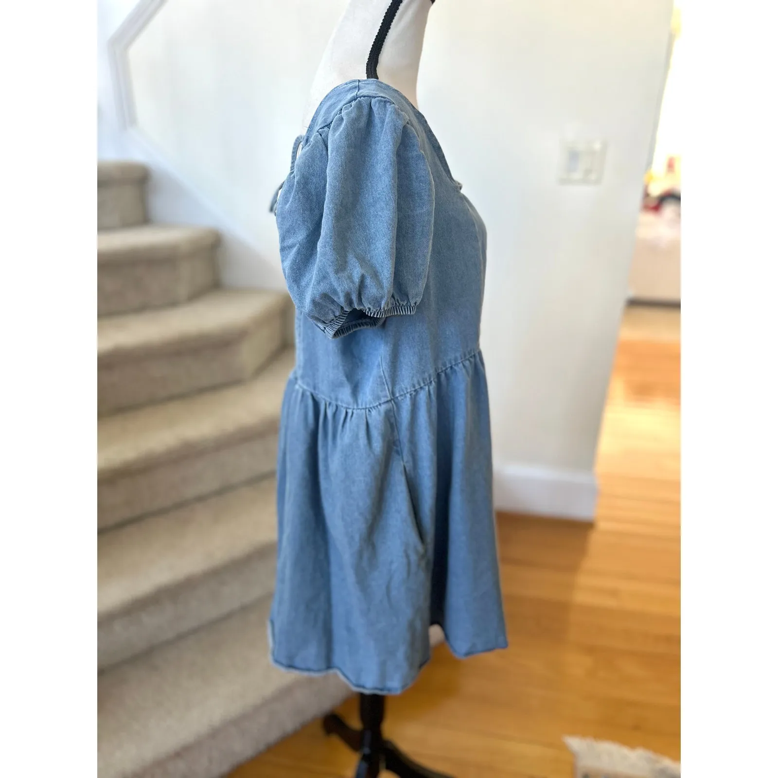 Arula Denim Puff Sleeve Milk Maid Square Neck Open Back Mini Western Dress Blue Size 1X - Image 3