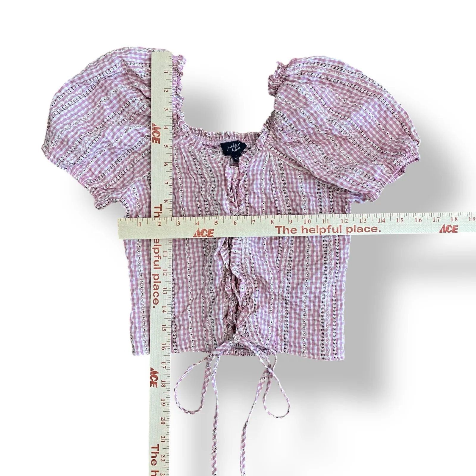 Milk & Honey Gingham Floral Tie Front Top Womens Size S Pink Brown‎ - Image 4