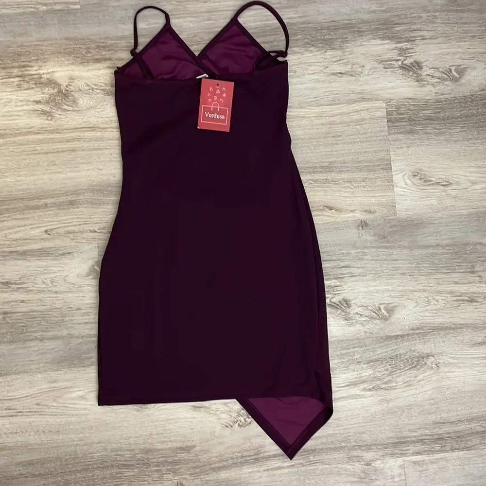 NWT Verdusa Plum Adjustable Spaghetti Strap Ruched Side Asymmetrical Dress Small Purple - Image 5