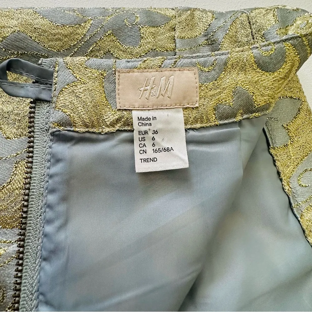 H&M Skirt Gold Light Blue Brocade Glitter Dressy Party Mini Skirt Size 6 - Image 2