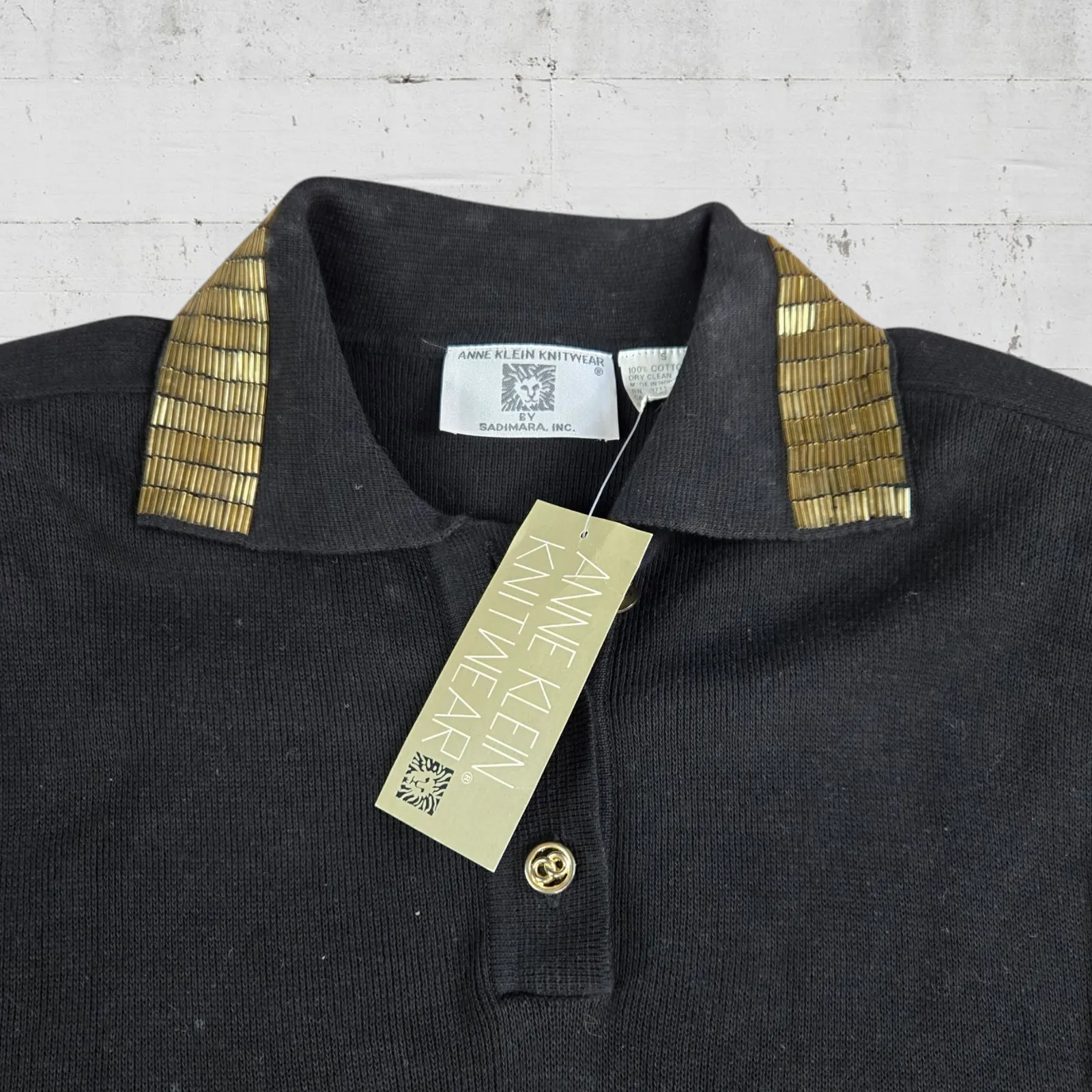 80s Vintage Anne Klein Deadstock Black Beaded Rugby Polo Knit Sweater Size Small - Image 4