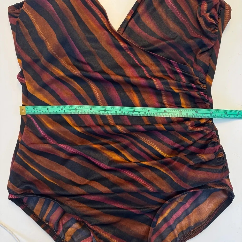 Miraclesuit Striped Bronze Brown Black Maroon 12 Slimming Ruched One Piece Suit - Image 8