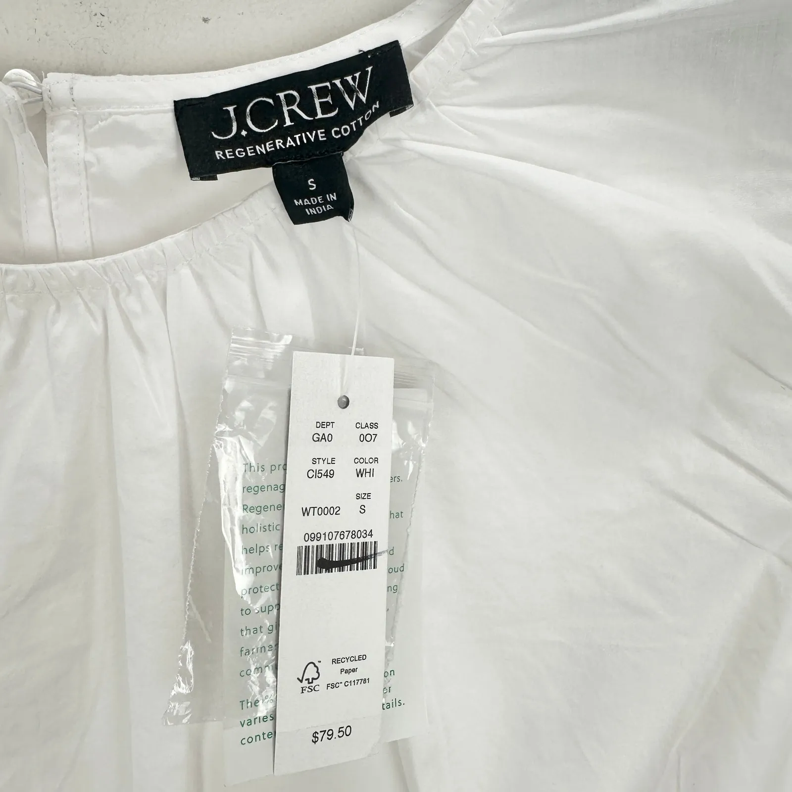 J.Crew Hyacinth Top Cotton Poplin Smocked Cinched Waist Classic White Small NWT - Image 6