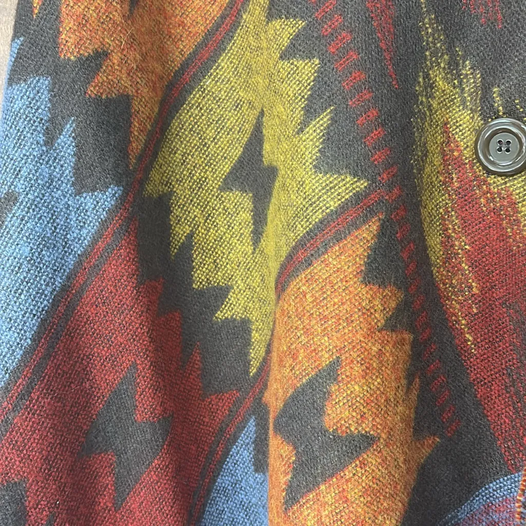 NWOT eUty Oversized Patterned Poncho Shawl Hoodie 2 Button Closure Tassels Brown - Image 6