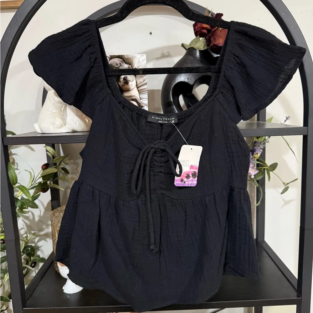 Final Touch  Black Puff Sleeve Tie Front Blouse size small - Image 2