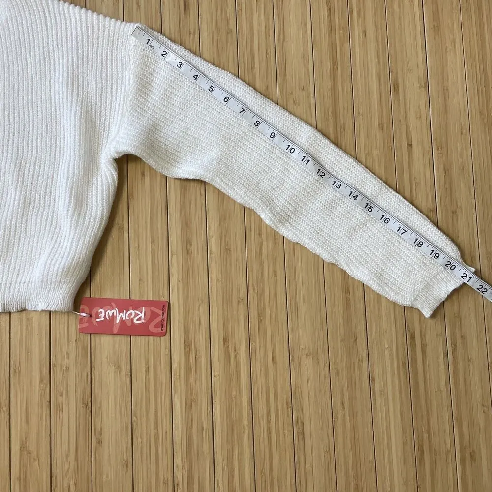 Romwe Womens Small White Cropped Knit Top Long Sleeve V Neck Sweatshirt - Image 5