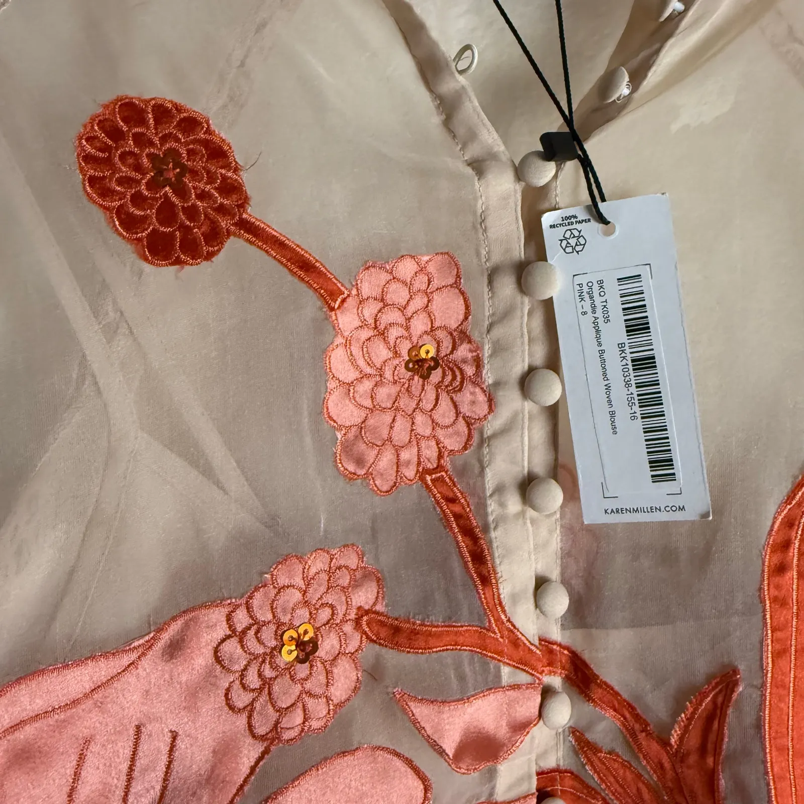 Karen Millen Organdie Applique Buttoned Sheer Long Sleeve Sequined Blouse 4 - Image 11