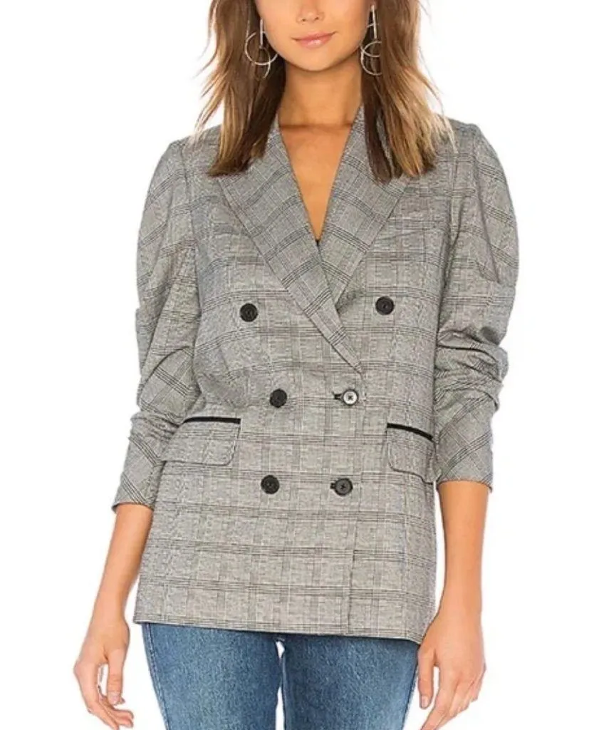 Joie Tomika Ruched Sleeve Plaid Blazer Jacket Women Size 10 Caviar Multi Grey - Image 2