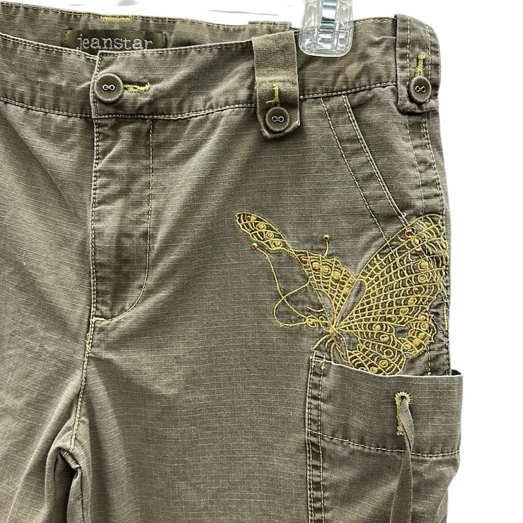 Jeanstar Green Khaki Butterfly Embroidered Embellished Tie Leg Cargo Capri Sz 10 Tan - Image 3