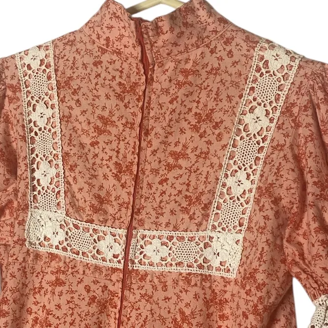 RARE Early 1970s Laura Ashley Maxi Dress |PEACH Floral Lace Yoke High Neck US 12 - Image 9