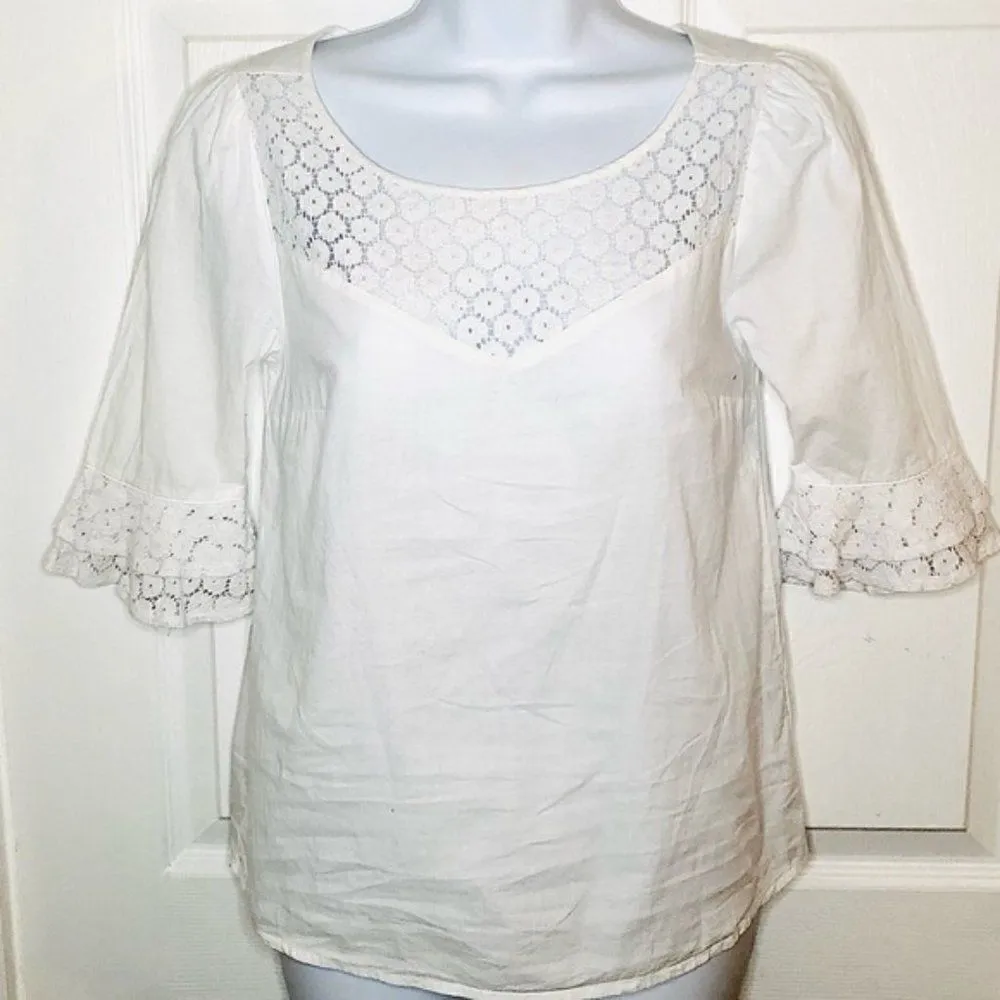 Modcloth White Cotton Short Sleeve Blouse Puff Sleeves Daisy Print Lace White XS - Image 5