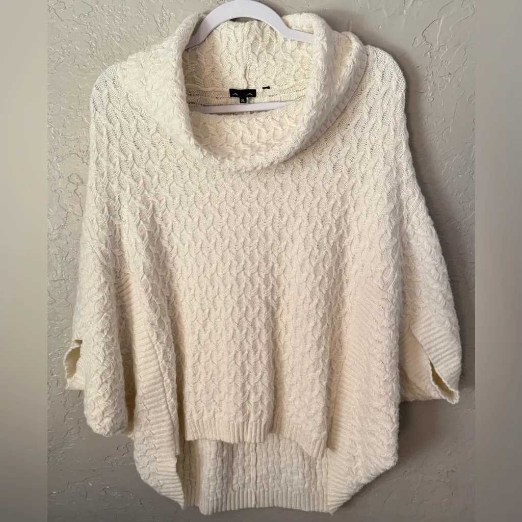 Ava Women's XL Beige Cowl Neck Cotton Wool Blend Sweater Poncho Knit Boho - Image 2