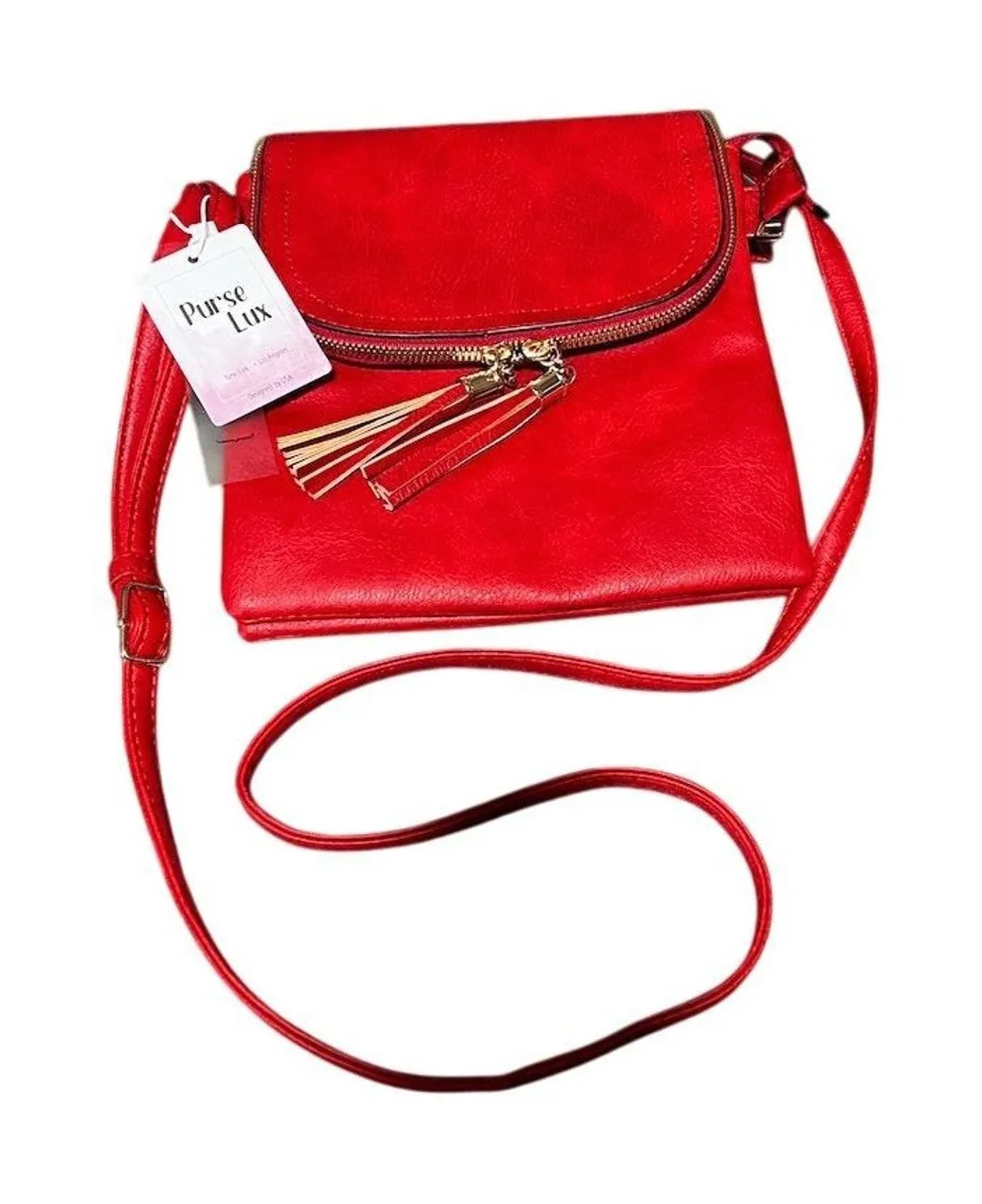 Red Crossbody Bag with Tassel Vegan Leather Adjustable Straps Medium Holiday - Image 1