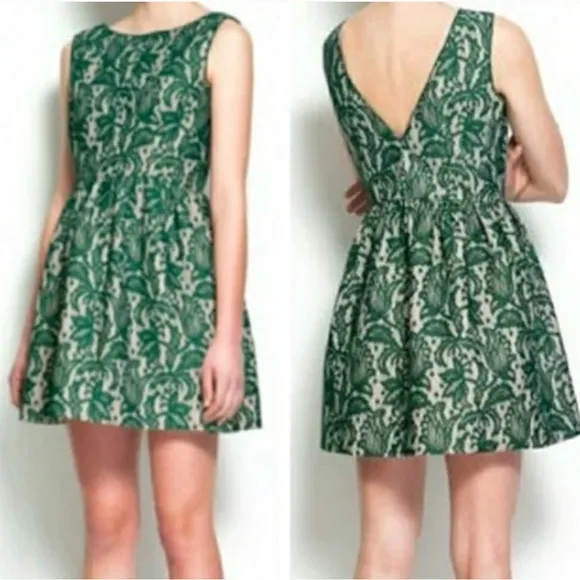 Zara Green Lace Overlay Low Back Tulip Mini Dress Party Wedding Size M - Image 2