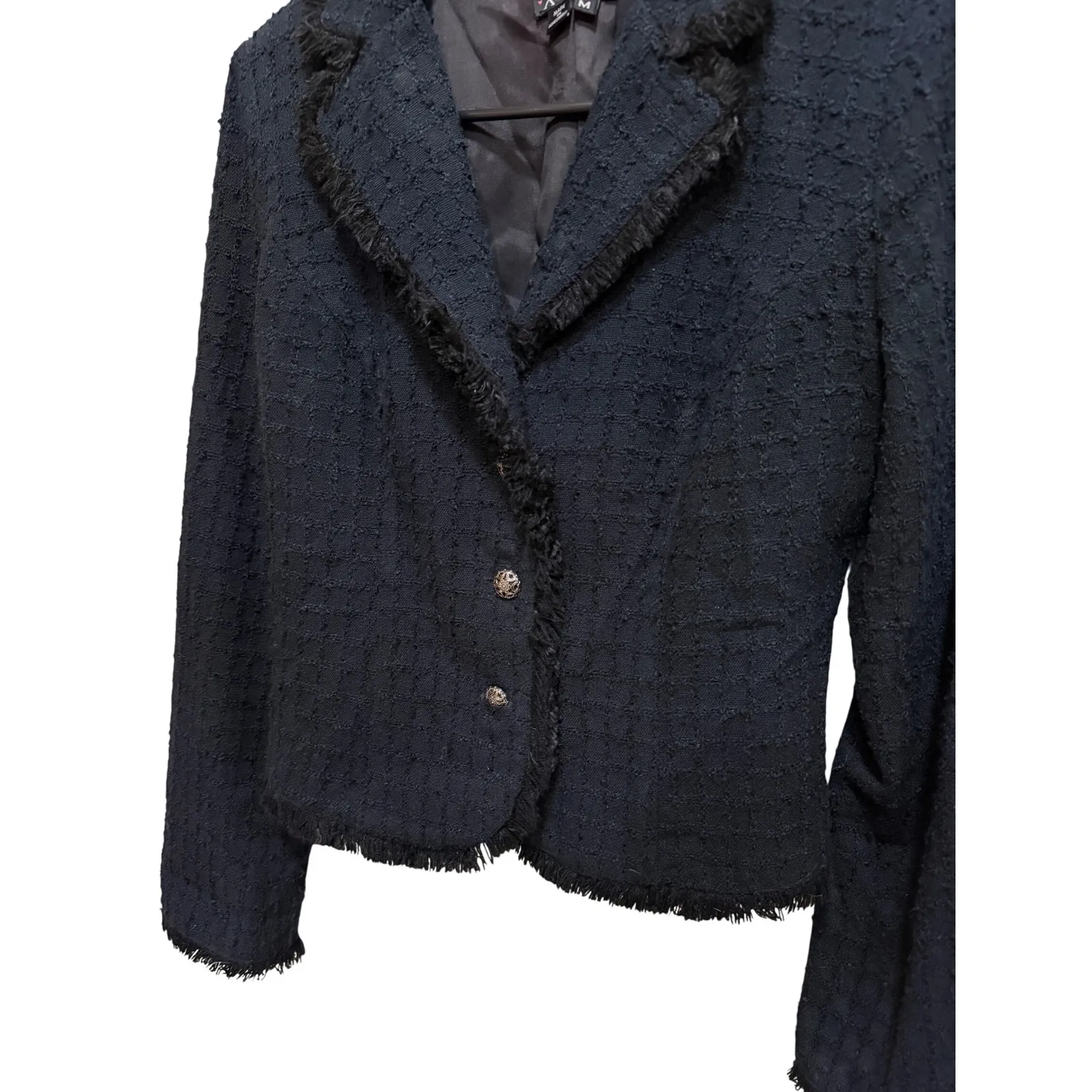 XOXO Y2K Women's Black Textured Blazer Jacket with Fringe Detail Size Medium - Image 2