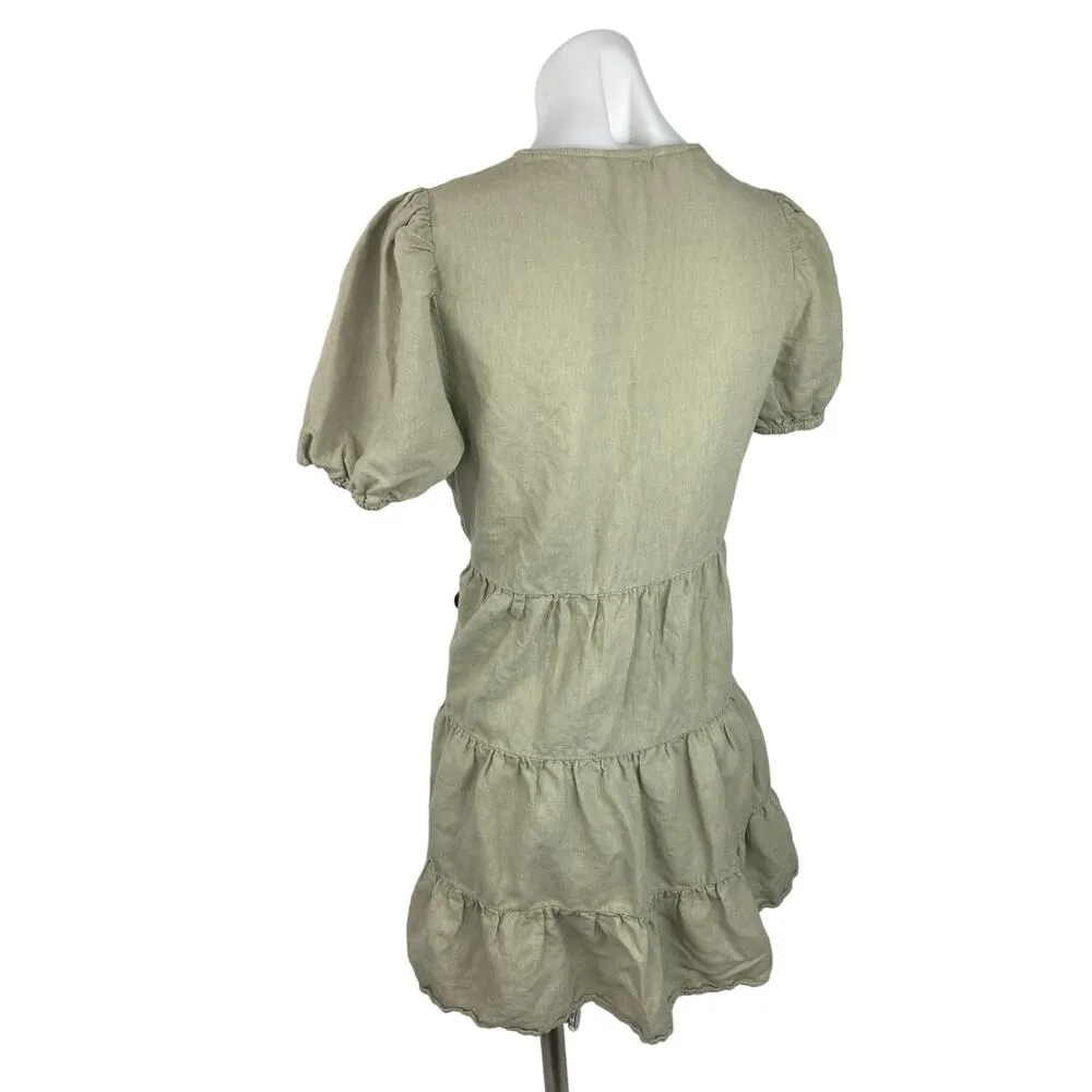Zara Khaki Linen Blend V-neck Short Puff Sleeve Tiered Mini Babydoll Dress Sz M - Image 2