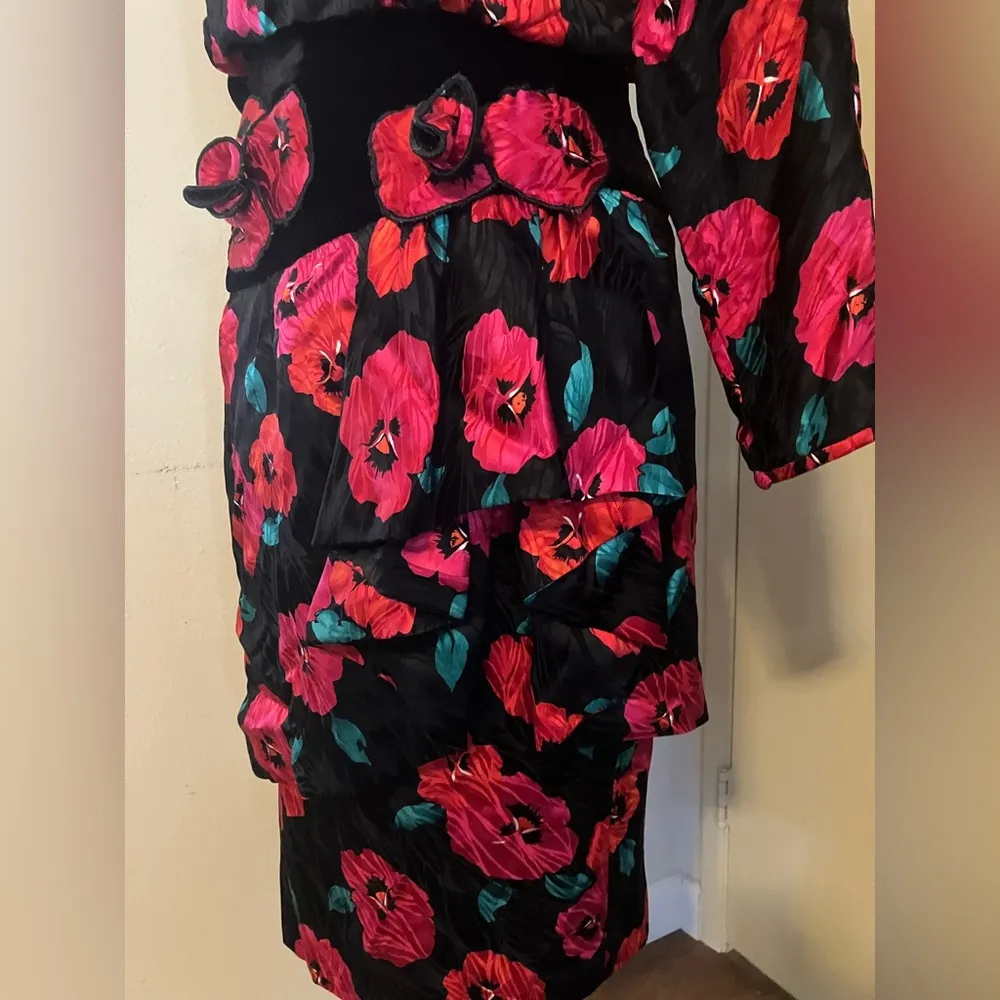 VTG A.J. BARI SILK Black Floral Puffy Sleeve Party Prom Formal Dress sz 12 80s Red - Image 9