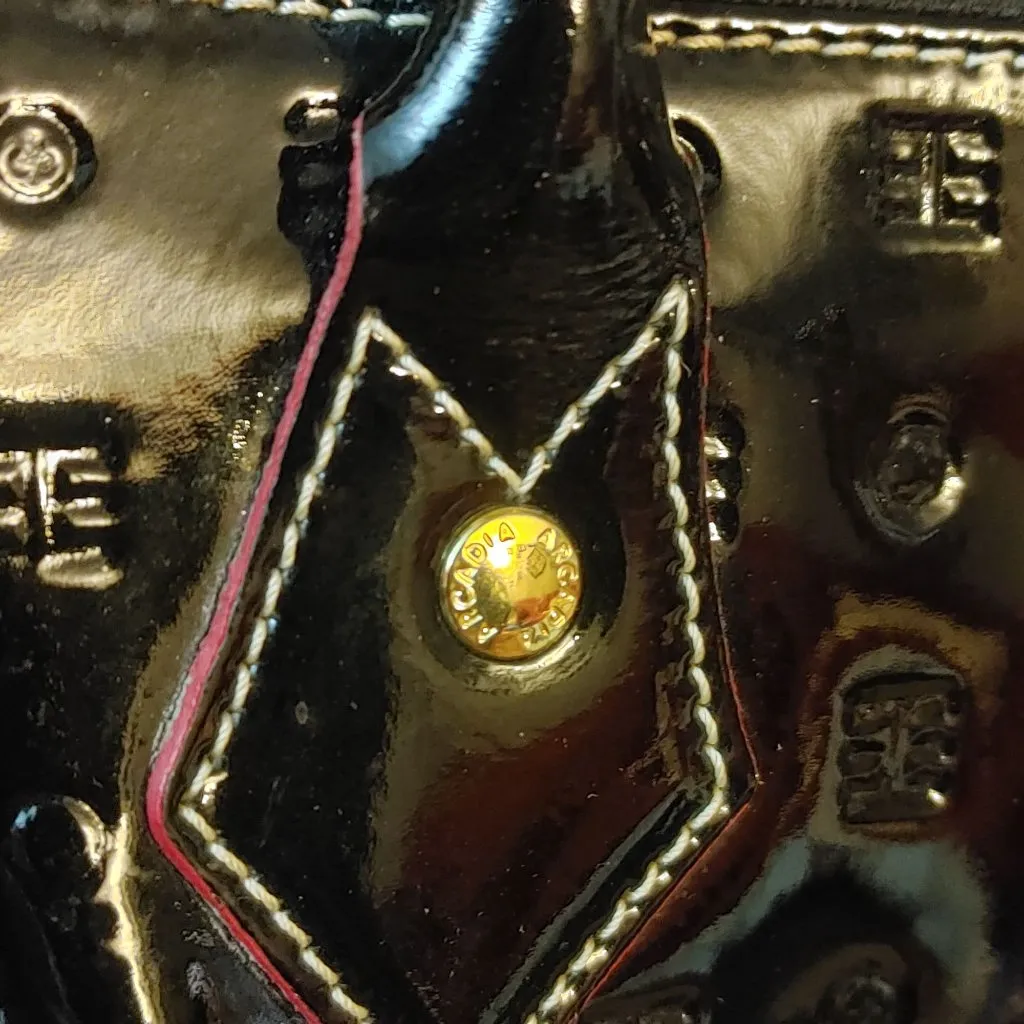 Arcadia Italy Handbag Satchel Black Patent Leather Embossed Design Gold Hardware - Image 5