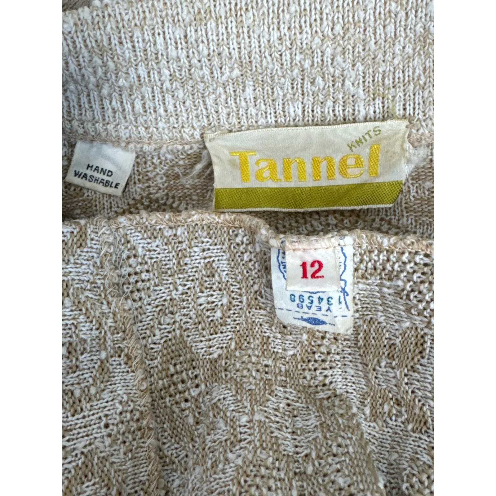 Vintage 70's Tannel Knit Jacquard Tan Sweater Dress button down Pockets medium - Image 10