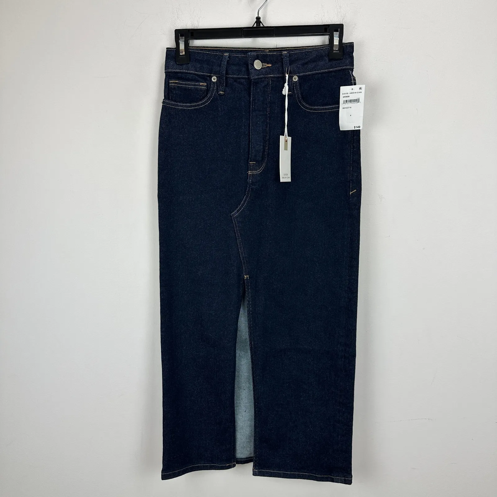 Good American Front Slit Stretch Denim Midi Skirt Indigo Blue Size 4/27 NWT - Image 4