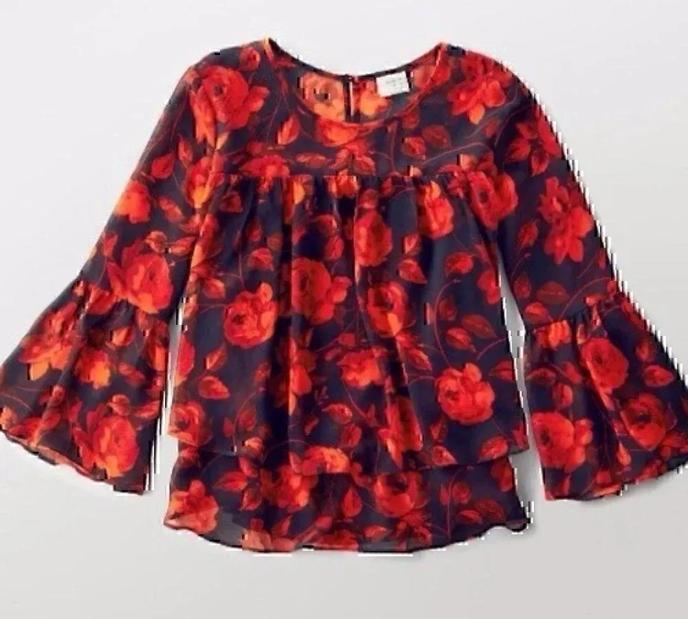 A NEW DAY Tiered Floral Blouse Navy Blue Red 3/4 Bell Sleeve Sheer / Lined Boho - Image 3